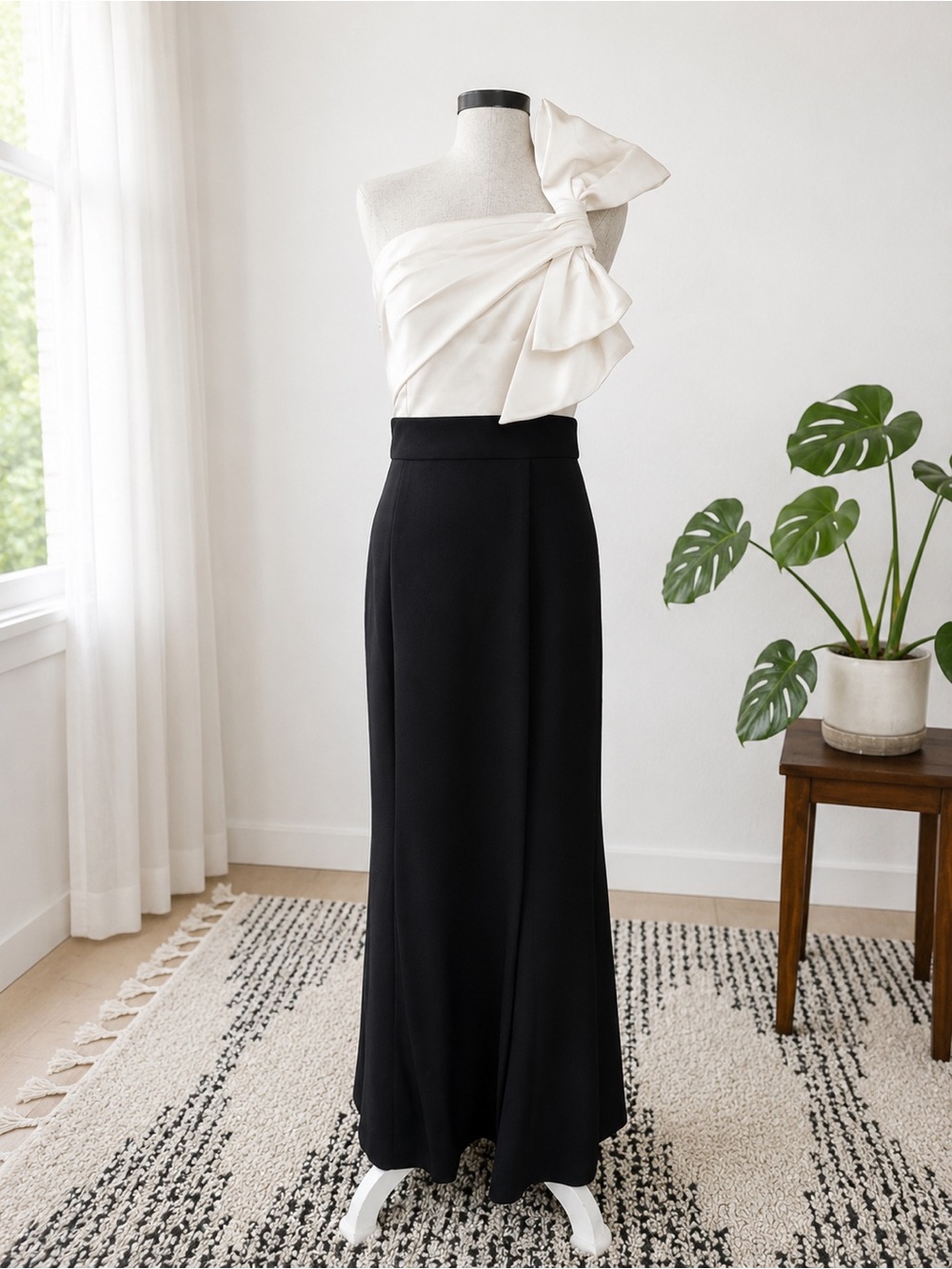 Vince Camuto Ivory One-Shoulder Bow Top with Black Maxi Skirt